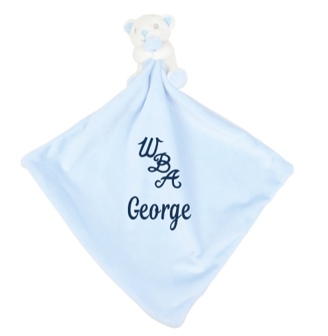 WBA Personalised Bear Rattle Comforter- Blue 